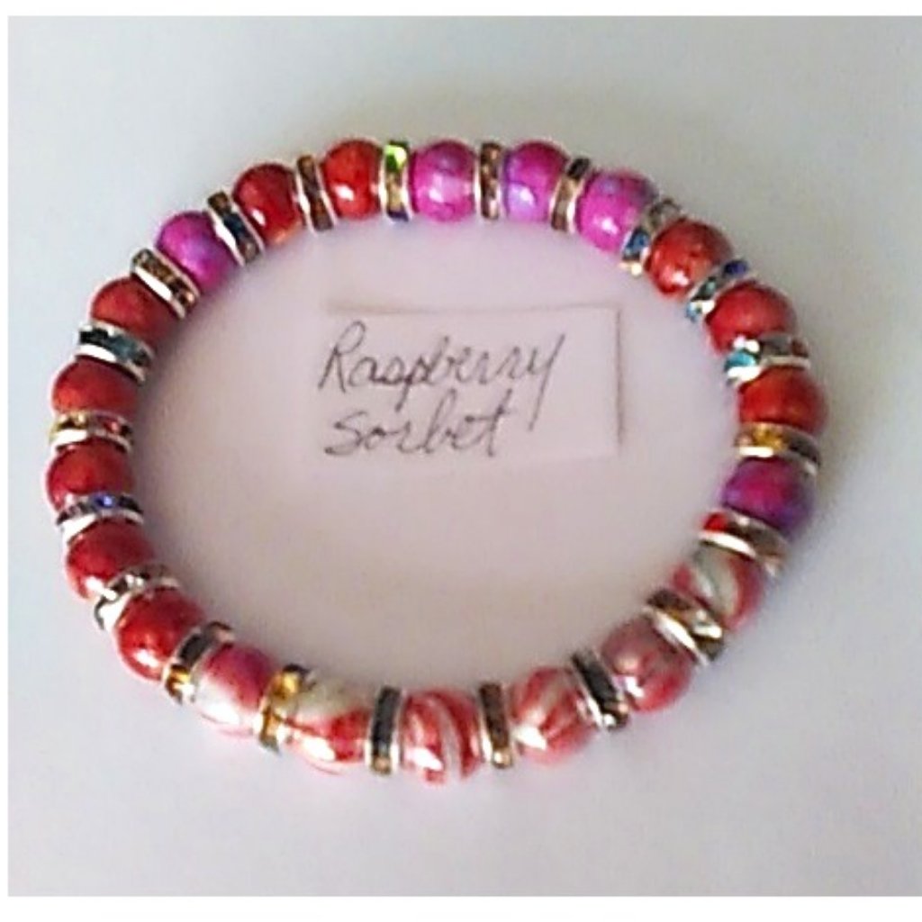 Bracelet Raspberry Sorbet Marble Style Beads Rhinestone Spacers Handcrafted New